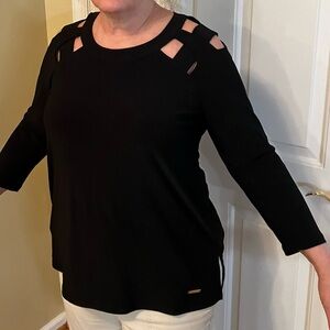 Jones Studio Black Women's Top with  Cut-Out Shoulder Detail & 3/4 Sleeves